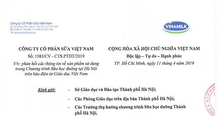 Phản hồi các thông tin về sản phẩm sử dụng trong Chương trình Sữa học đường tại Hà Nội trên báo điện tử Giáo dục Việt Nam