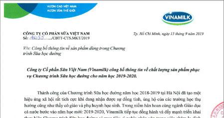 Công bố thông tin về sản phẩm dùng trong Chương trình Sữa học đường