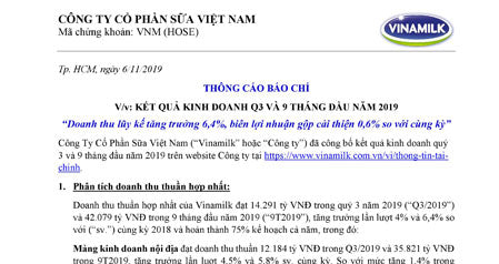 Kết quả kinh doanh quý 3 và 9 tháng đầu năm 2019