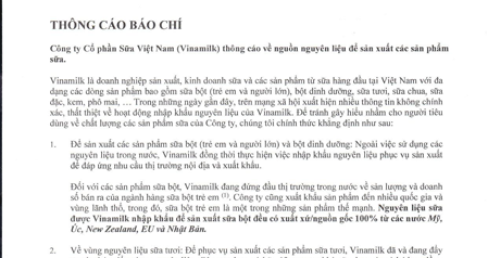 Công ty Cổ phần Sữa Việt Nam (Vinamilk) thông cáo về nguồn nguyên liệu để sản xuất các sản phẩm sữa.