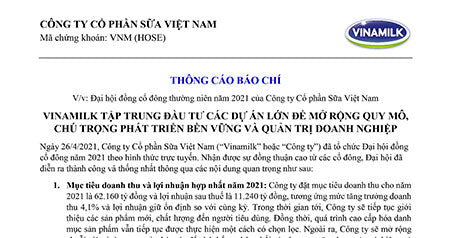 Đại hội đồng cổ đông thường niên năm 2021 của Công ty Cổ phần Sữa Việt Nam