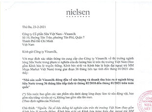 "THƯƠNG HIỆU SỮA SỐ 1 VIỆT NAM” <br> Nghiên cứu thị trường của Nielsen năm 2021 theo doanh thu và sản lượng trong ngành hàng Sữa nước.